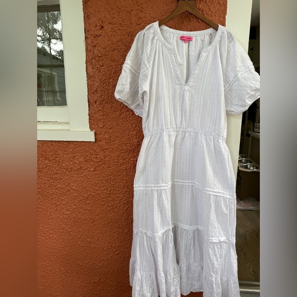 Betsey Johnson White Cotton Tiered Midi Dress Bohemian Puff Sleeve Size Large